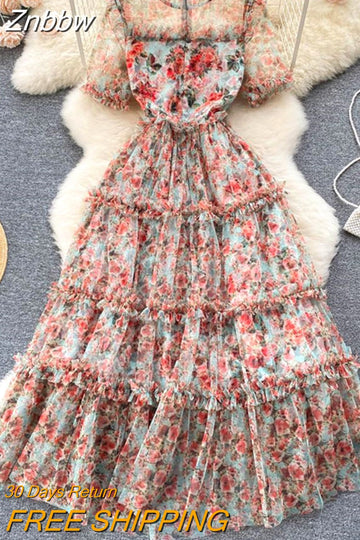 Znbbw Designer Summer Beach Dress Women Elegant Short Sleeve Floral Ruffles Tulle Mesh Layer Cake Vestidos De Fiesta Robe N5006